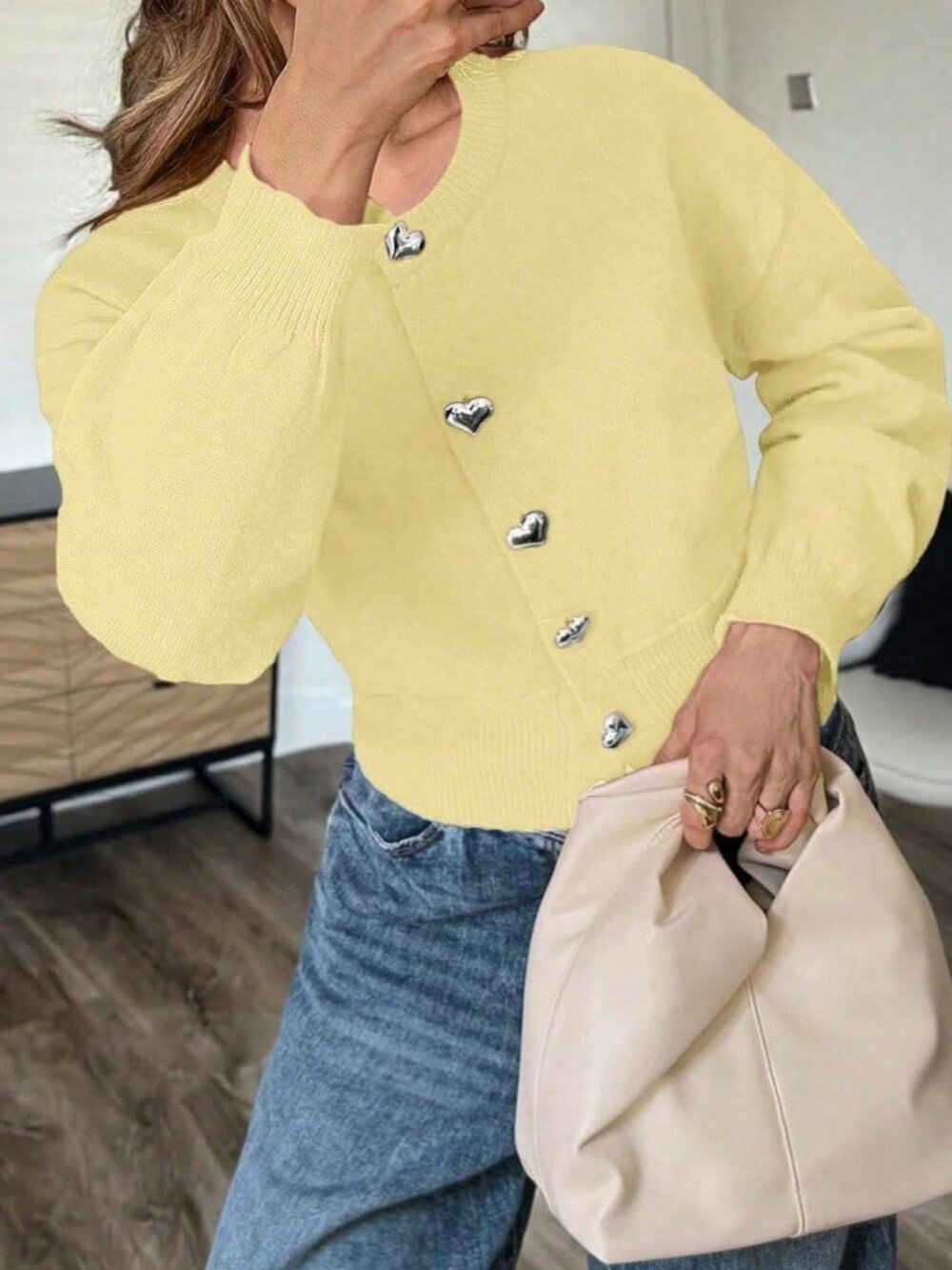 Yellow Casual Women's Y2k Rib Knit Heart Button Long Sleeve Sweater - Picture 7 of 7